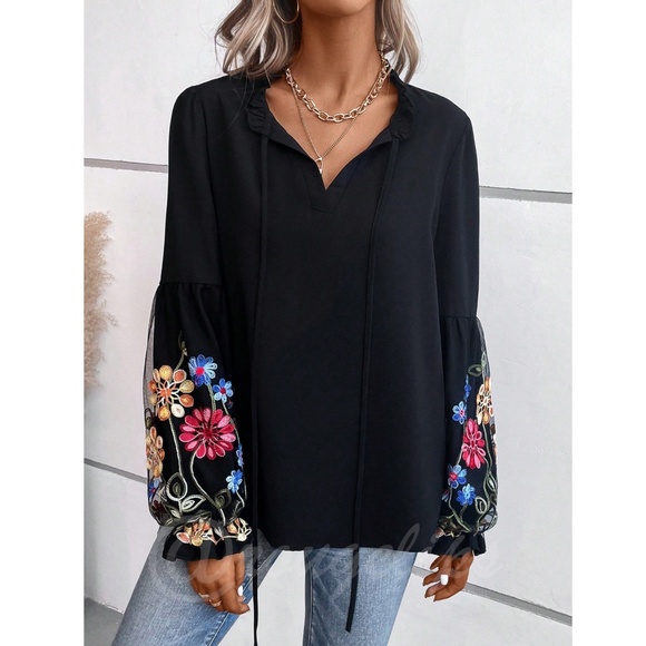 Black Boho Blouse Long Sleeve Floral Embroidery Neck Ties - Picture 5 of 10